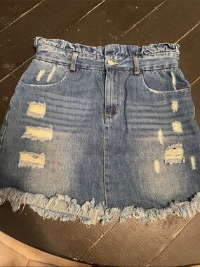 Distressed Blue Denim Ruffle-Waist Mini Skirt